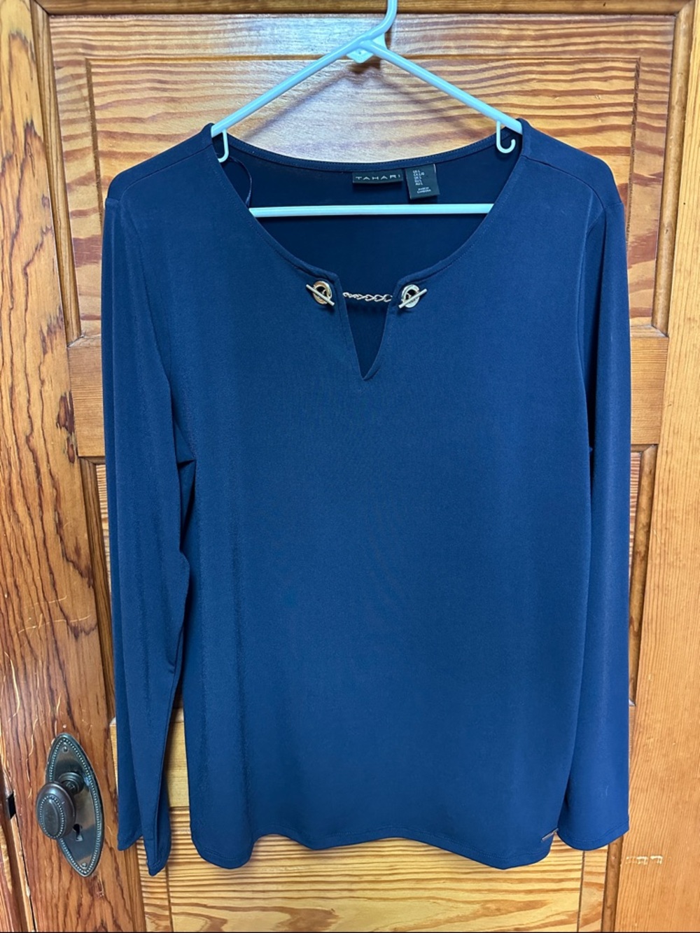 Vince Camuto Navy Long-Sleeve Top with Gold Chain Detail